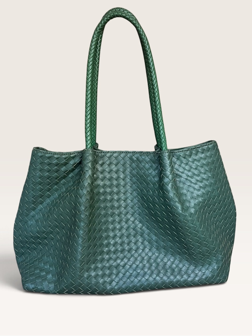 Lulu Dharma Green Woven Vegan Leather Tote Bag Braided Shoulder Straps